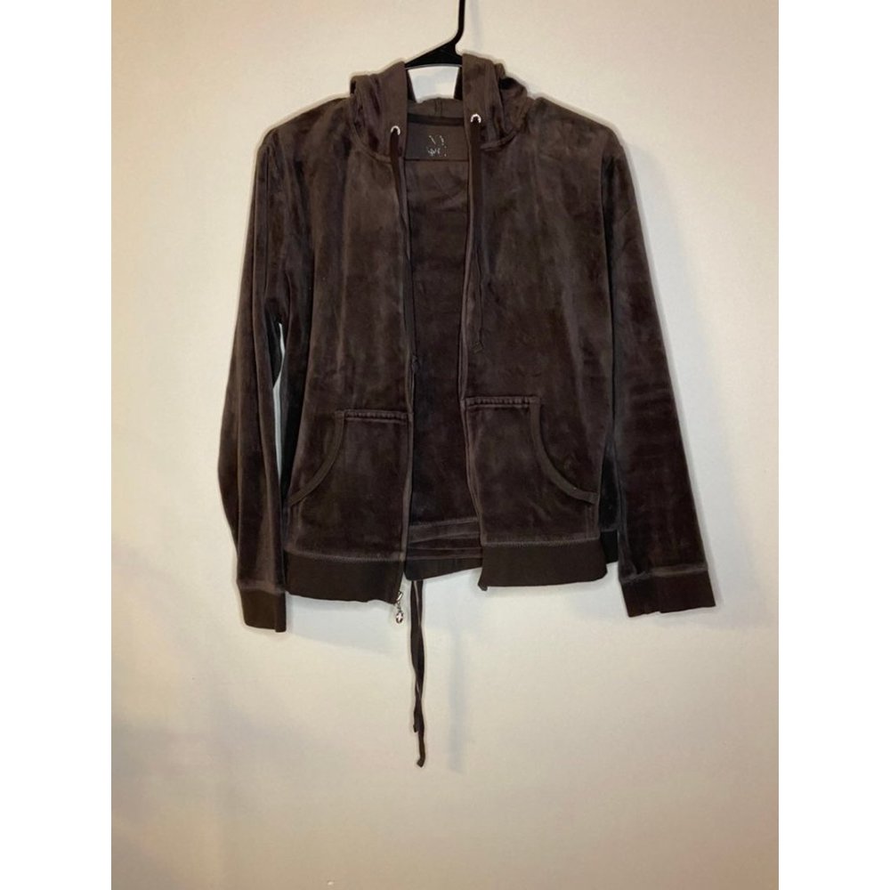 Women's Brown Velour Hooded Zip-Front Jacket size L & Brown Velour Pants M Y2K